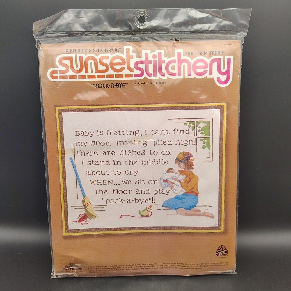 Vintage Sunset Stitchery Cross Stitch Kit 11x14" Rock A Bye Sampler Cottage